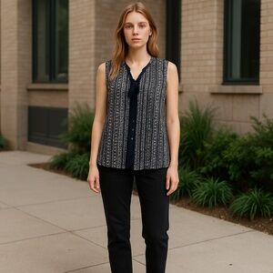 Tory Burch Women Navy Silk Blend Printed Sleeveless Top Sz-S/M